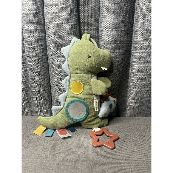 Itzy Ritzy Dinosaur Lovey Teether Toy Green Rattle Crinkle Mirror Plush Sensory - Picture 1 of 13